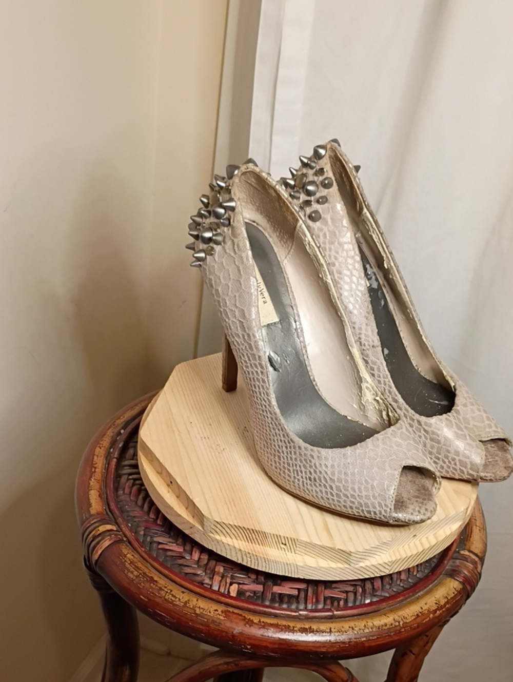 Spiked Peep-Toe High Heels in Taupe Snake-Embossed Leather Size 7.5